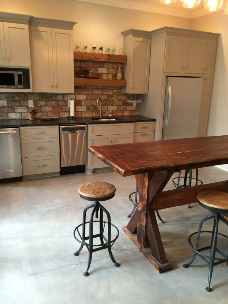 Polished kitchen floor and painted cabinets